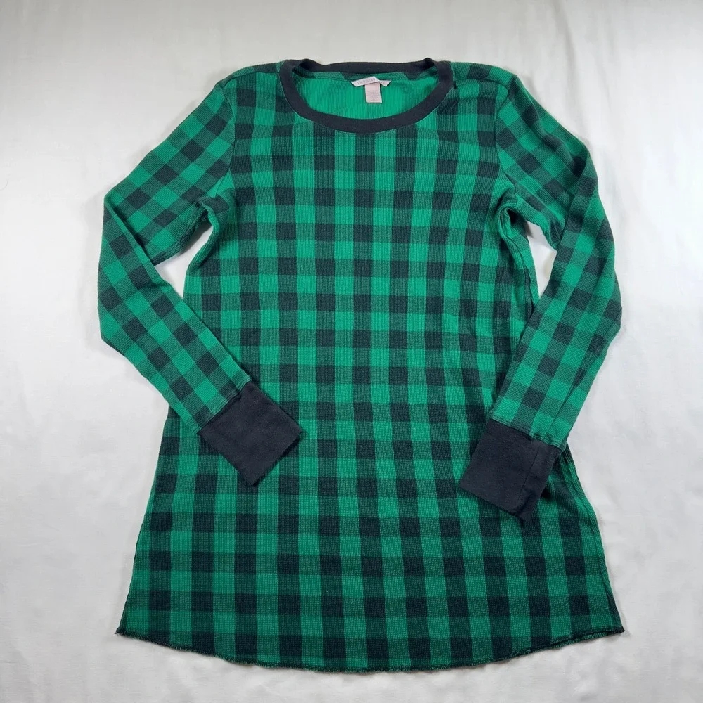 Victoria's Secret Womens Medium Green Black Plaid Thermal L/S Sleep Shirt Pajama